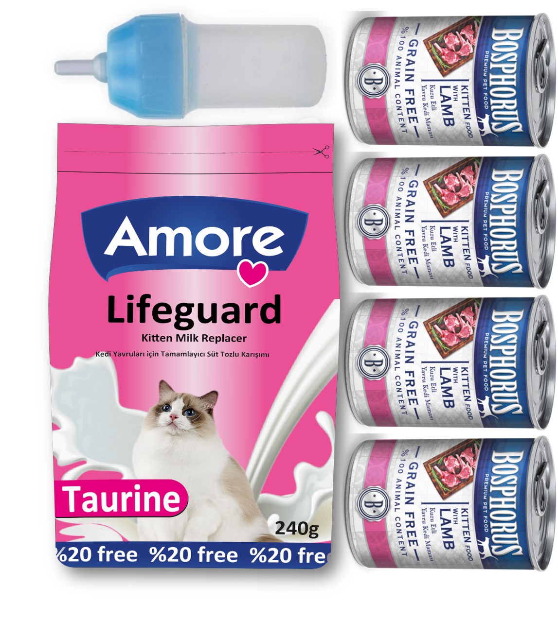 Amore LifeGuard Yavru Kedi Süt Tozu 240gr ve Bosphorus Kitten Konserve 4x415gr ve Biberon