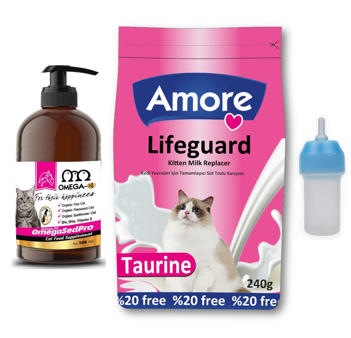 Amorecat Lifeguard Yavru Kedi Süt Tozu 240gr Ve Omega Sed Pro Somon Balık Yağı Ve Biberon