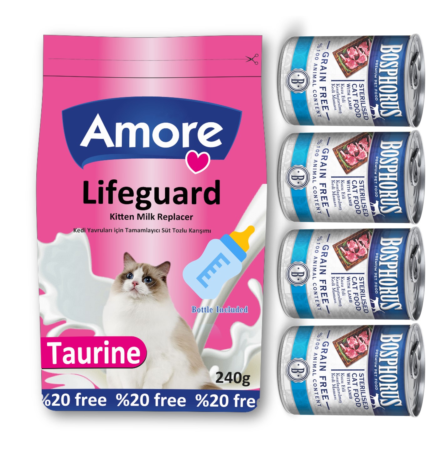 Amorecat Lifeguard Yavru Kedi Süt Tozu 240gr Ve Biberon Ve Steril Konserve 4x415gr