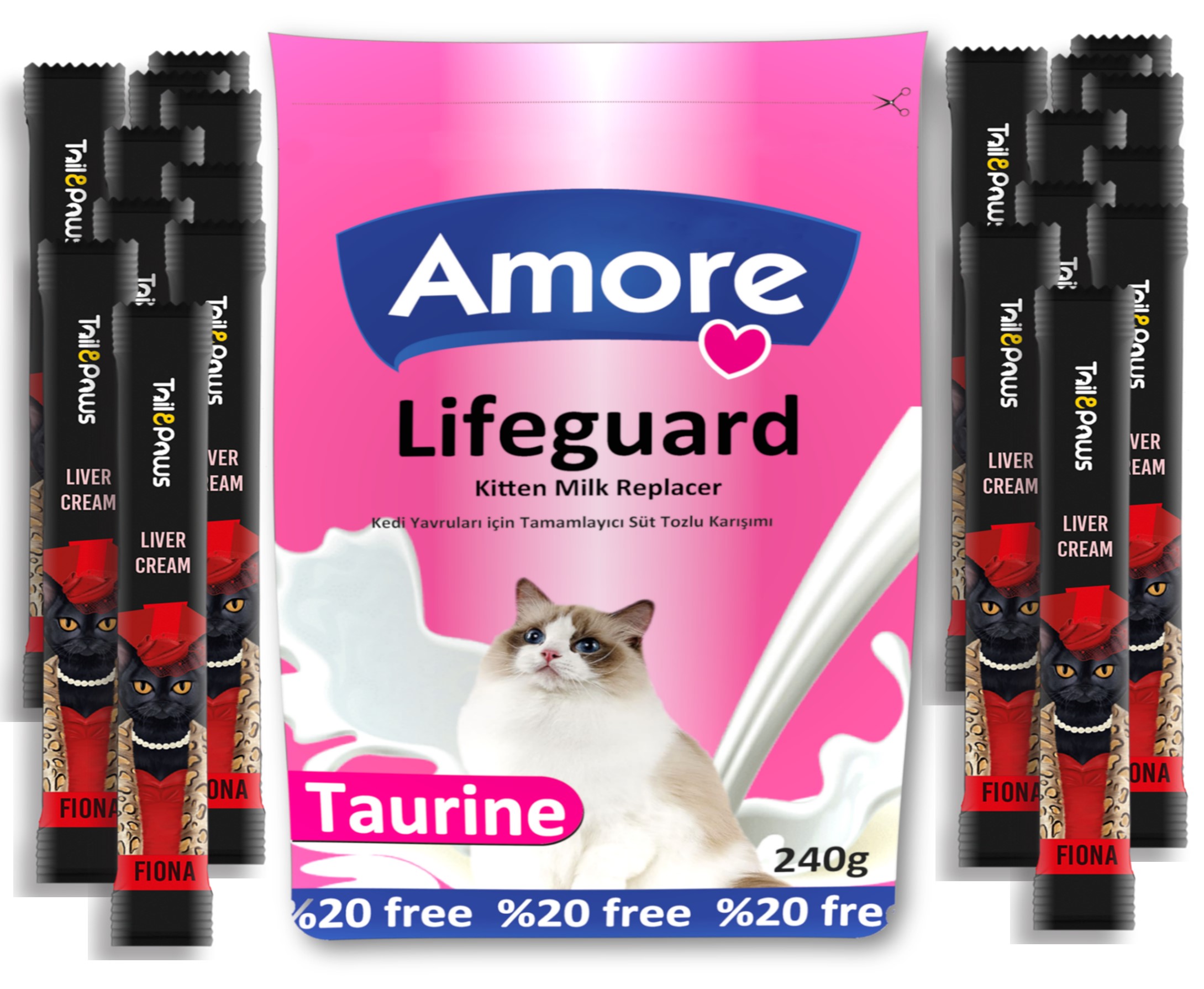 Amore LifeGuard Yavru Kedi Süt Tozu 240gr ve Fiona Calfs Liver %40 Cream 20x15gr Biotin Glucosamine