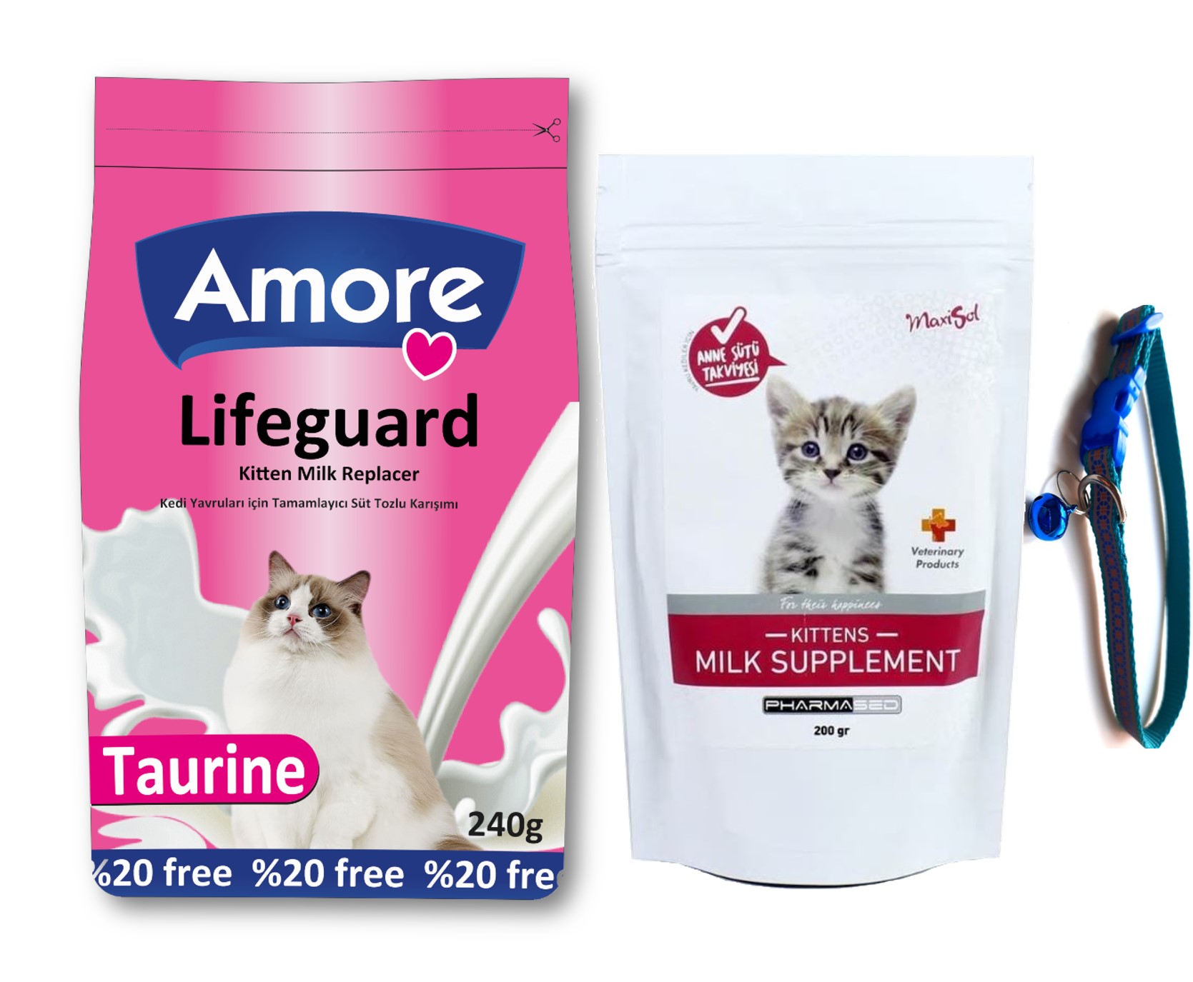 Amorecat Lifeguard Yavru Kedi Süt Tozu 240gr + Maxisol 200gr + Boyun Tasma Mavi