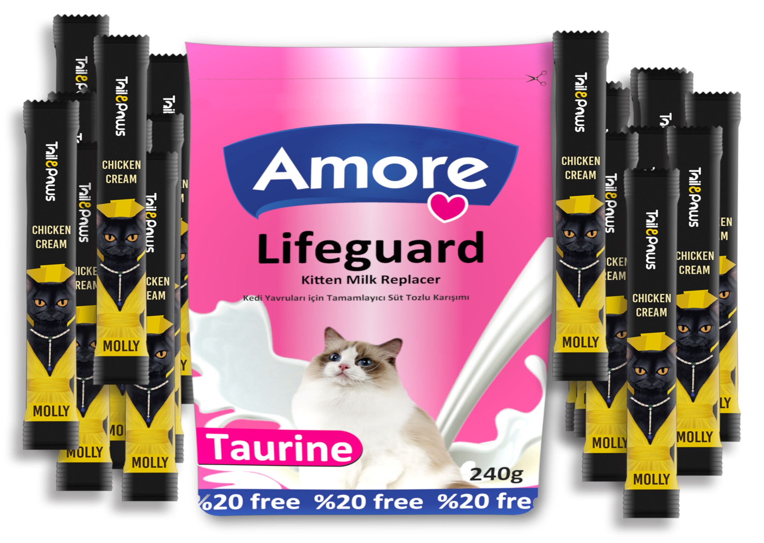 Amore LifeGuard Yavru Kedi Süt Tozu 240gr ve Molly Chicken %50 Breast Cream 20x15gr Biotin Glucosamine