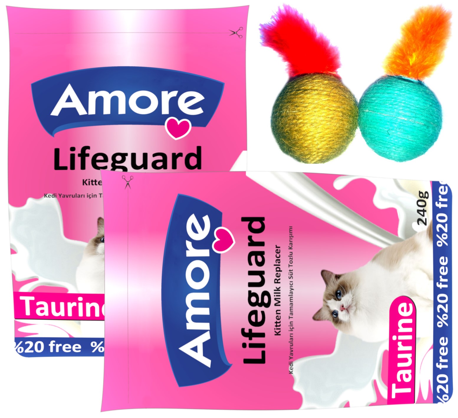Amore LifeGuard Yavru Kedi Süt Tozu 2x240gr ve 2li top Oyuncak