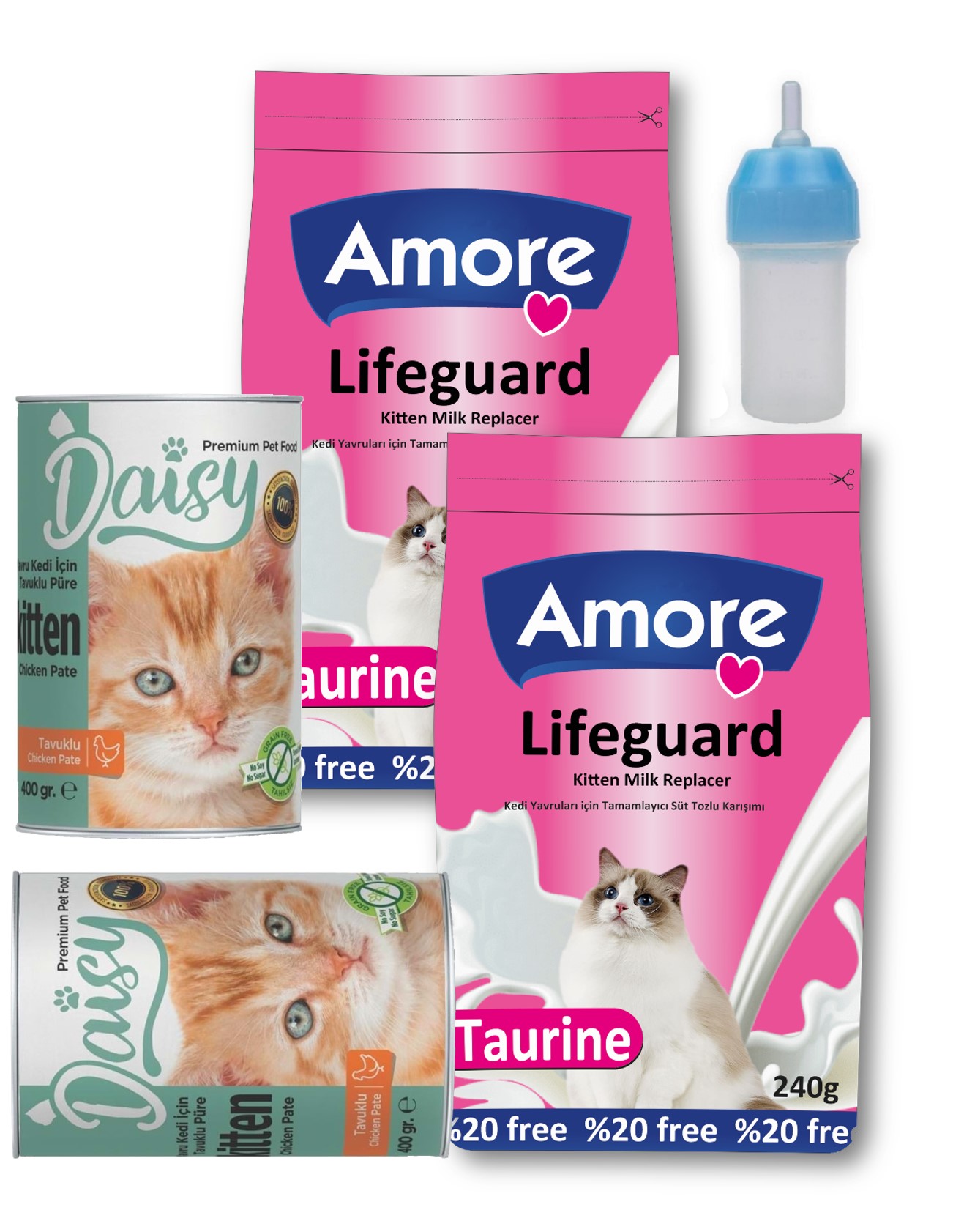 Amorecat Lifeguard Yavru Kedi Süt Tozu 2x240gr + Biberon + Daisy Kitten Konserve 2x400gr