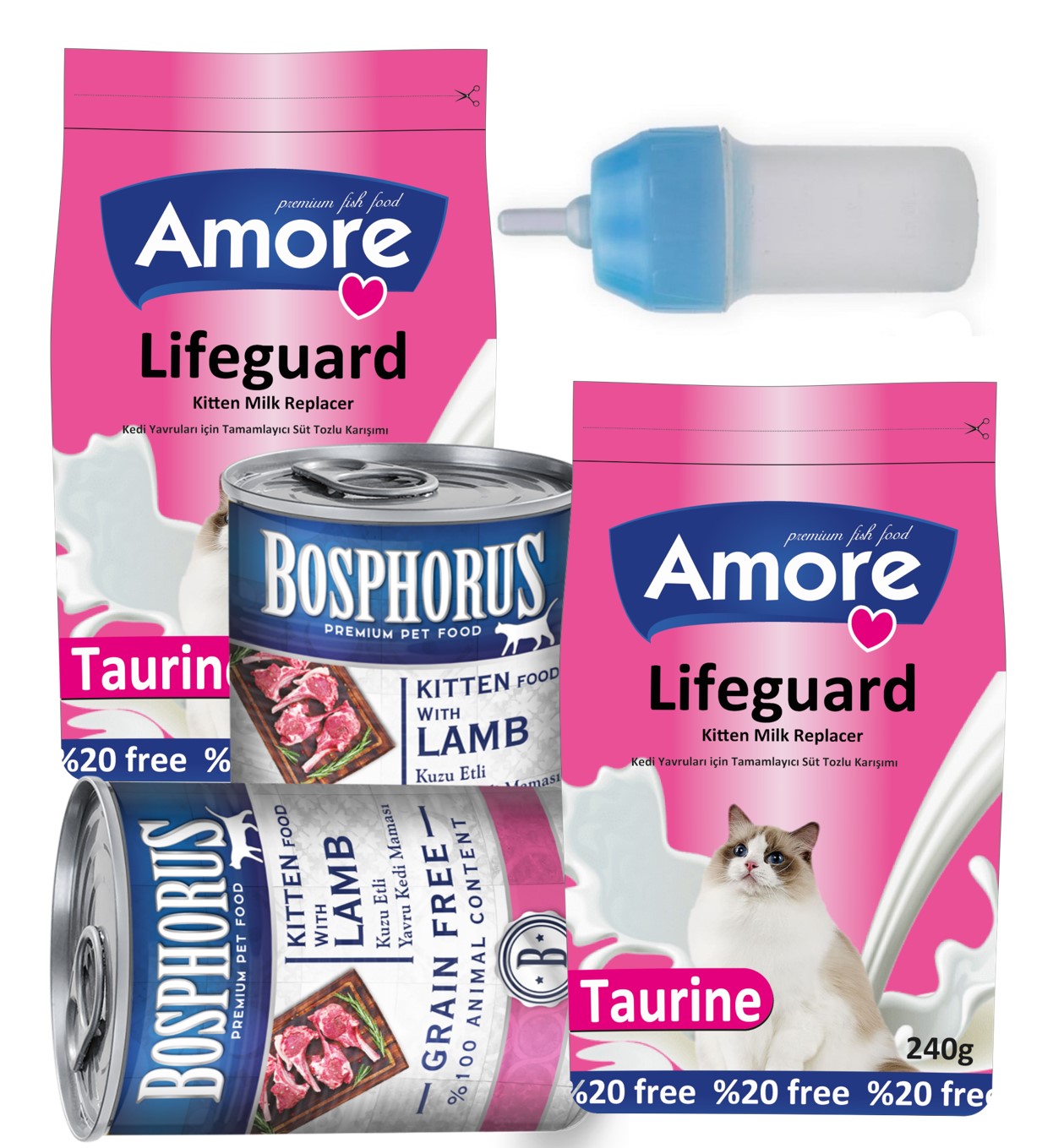 Amore LifeGuard Yavru Kedi Süt Tozu 2x240gr + Biberon + Kitten Konserve 2x415gr