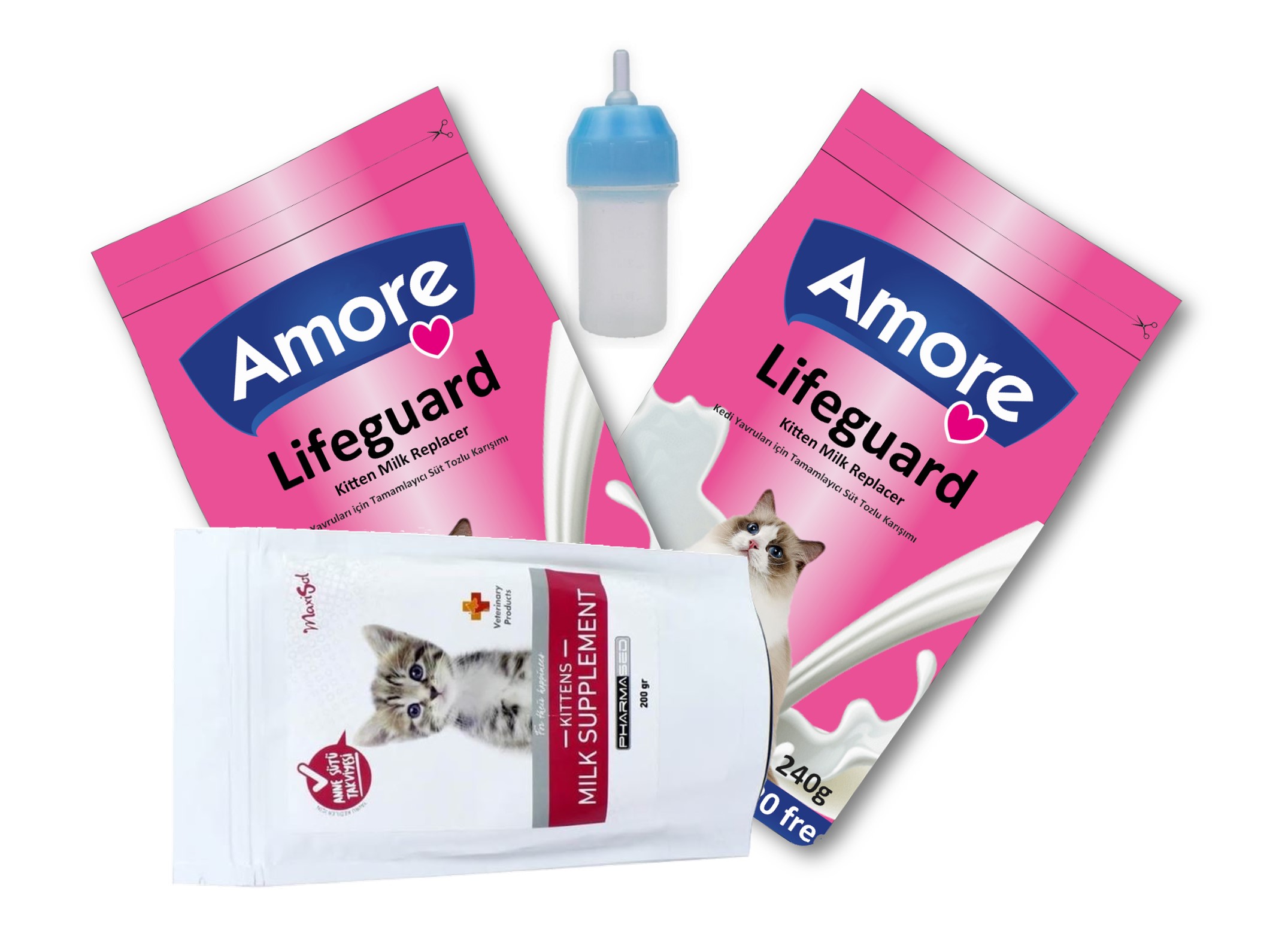 Amorecat Lifeguard Yavru Kedi Süt Tozu 2x240gr + Maxisol 200gr + Biberon