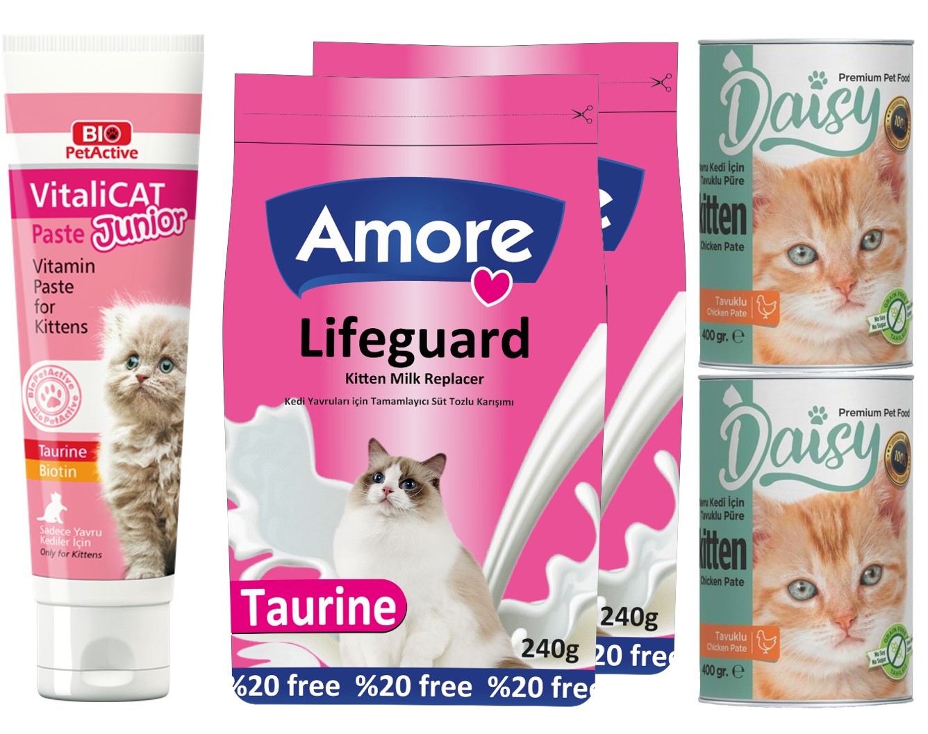 Amore LifeGuard Yavru Kedi Süt Tozu 2x240gr + Vitalicat Junior + Kitten Konserve