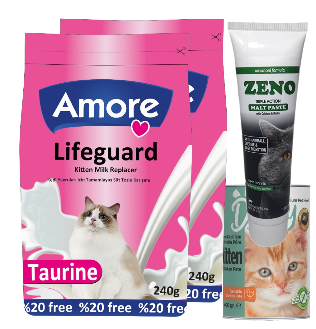 Amore LifeGuard Yavru Kedi Süt Tozu 2x240gr + Zeno Multivitamin Malt Paste + Kitten Konserve