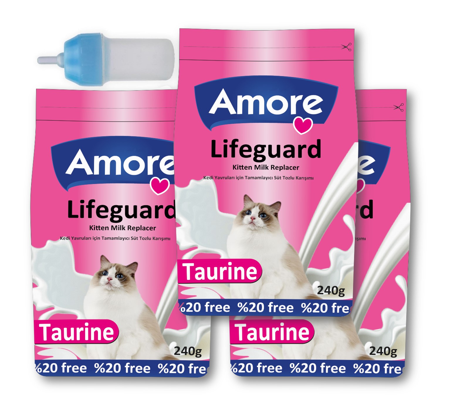 Amorecat Lifeguard 3x240gr Yavru Kedi Süt Tozu, Biberon