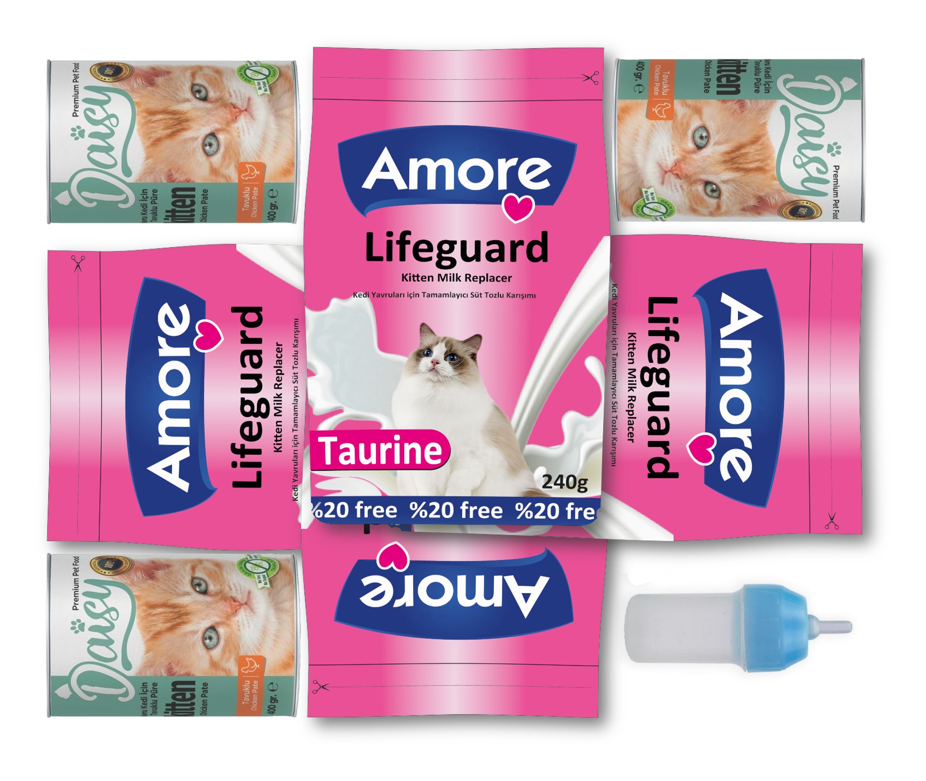 Amorecat Lifeguard Yavru Kedi Süt Tozu 4x240gr + Kitten 3x400gr Konserve + Biberon