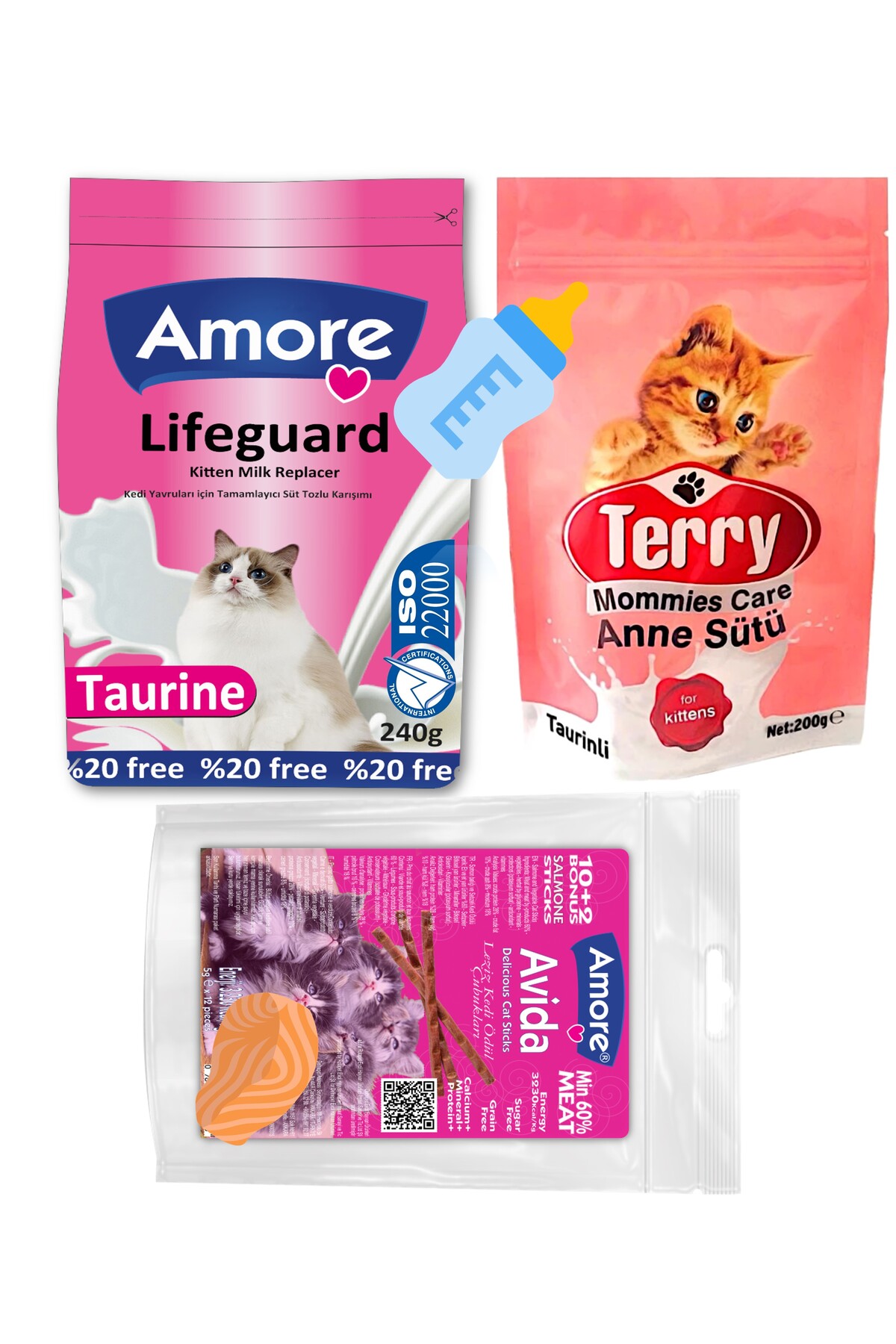 Amore LifeGuard Yavru Kedi Sut Tozu, Terry Mommies Care Anne Sutu, Avida 12li Sticks, Biberon