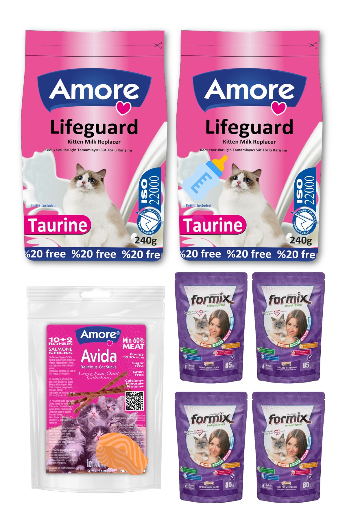 Amore Lifeguard Yavru Sut Tozu 2x240 gr, 12li Sticks Kedi Odulu 60 gr, Biberon, Punch Islak Mama 4x85 gr