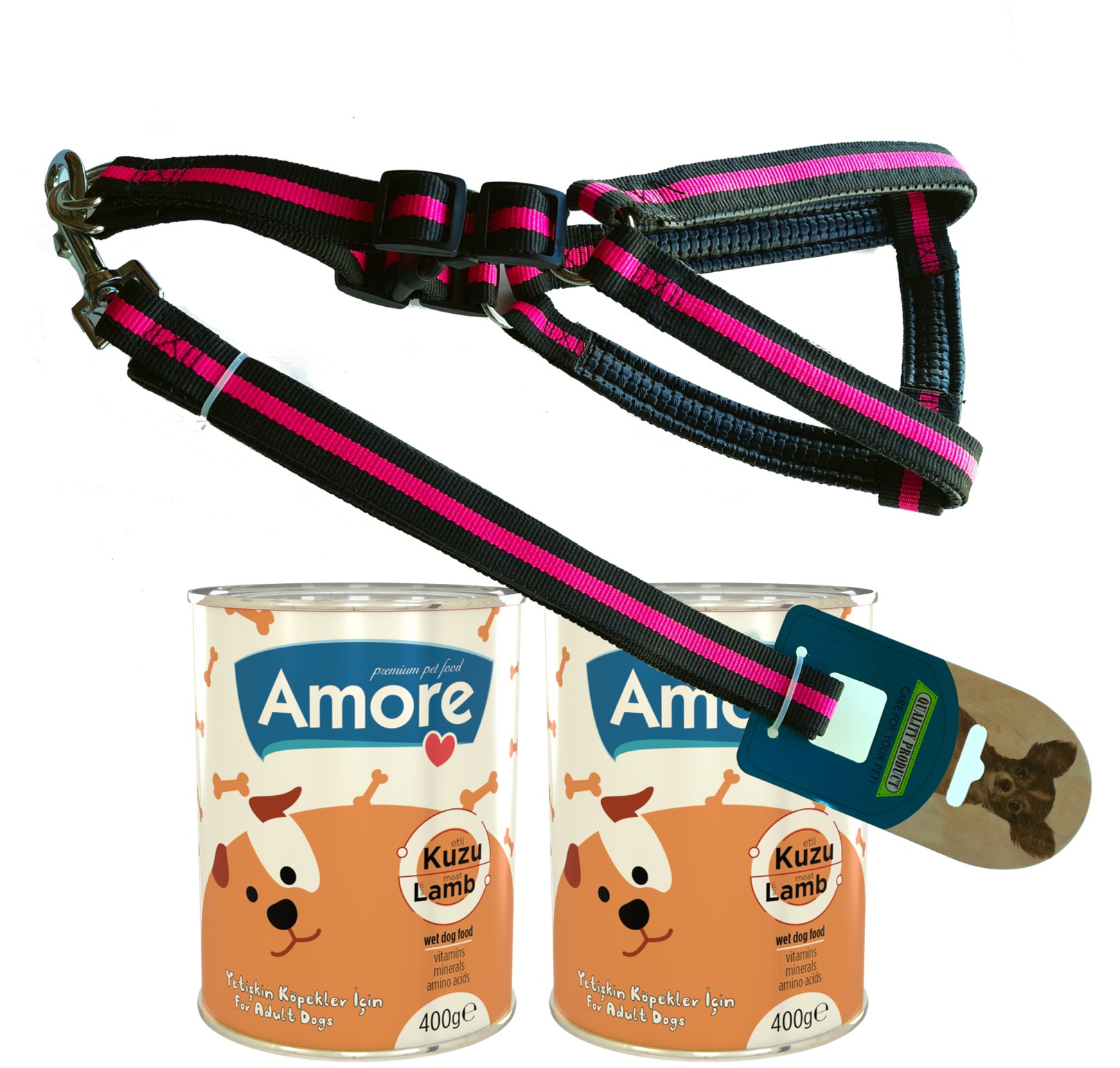 Amoredog Linea Comfort 12-15kg Köpek Göğüs Tasması Ve Gezdirme Kayışı Set Medium Ve Kuzu Etli Konserve 2x400g