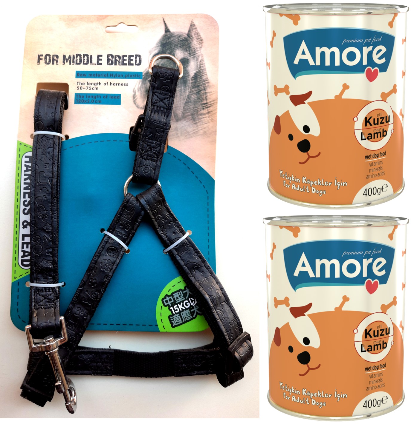 Amore Lusso Comfort 11-13Kg Köpek Göğüs Tasması ve Gezdirme Kayışı Set + Kuzu Etli Konserve 2x400g