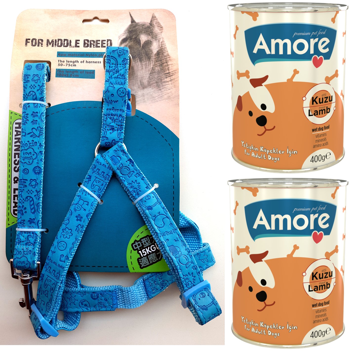 Amore Lusso Comfort 12-15Kg Köpek Göğüs Tasması ve Gezdirme Kayışı Set + Kuzu Etli Konserve 2x400g