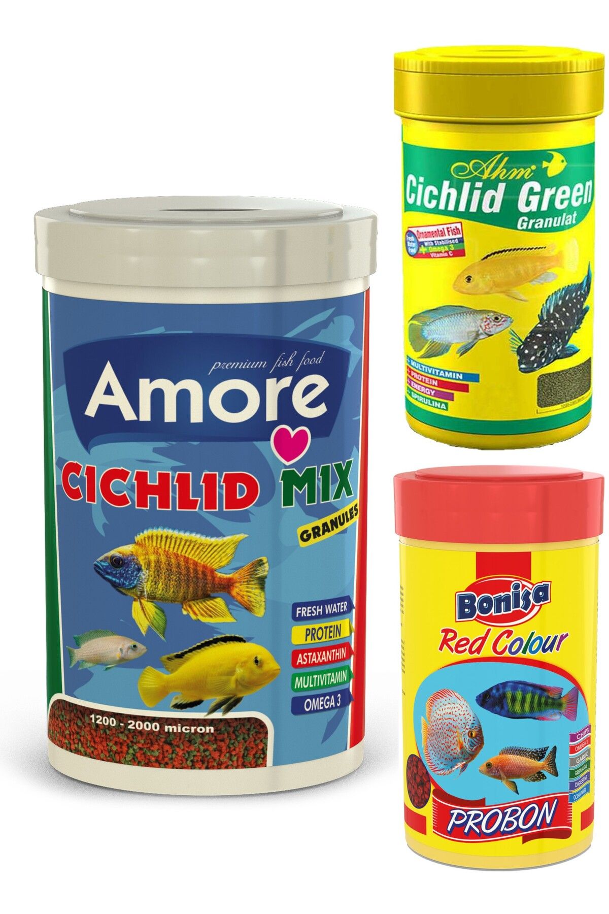 Malawi Cichlid Mix 1000ml, Ahm Ciklet Green 250ml,Probon Red Colour 250ml Kutu Balık Yemi