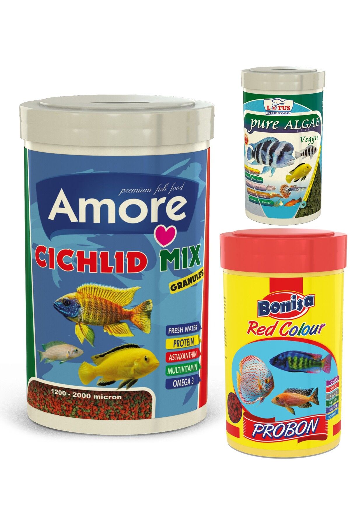 Malawi Cichlid Mix 1000ml, Probon Red Colour 250ml, Pure Algae Veggie 100ml Kutu Balık Yemi