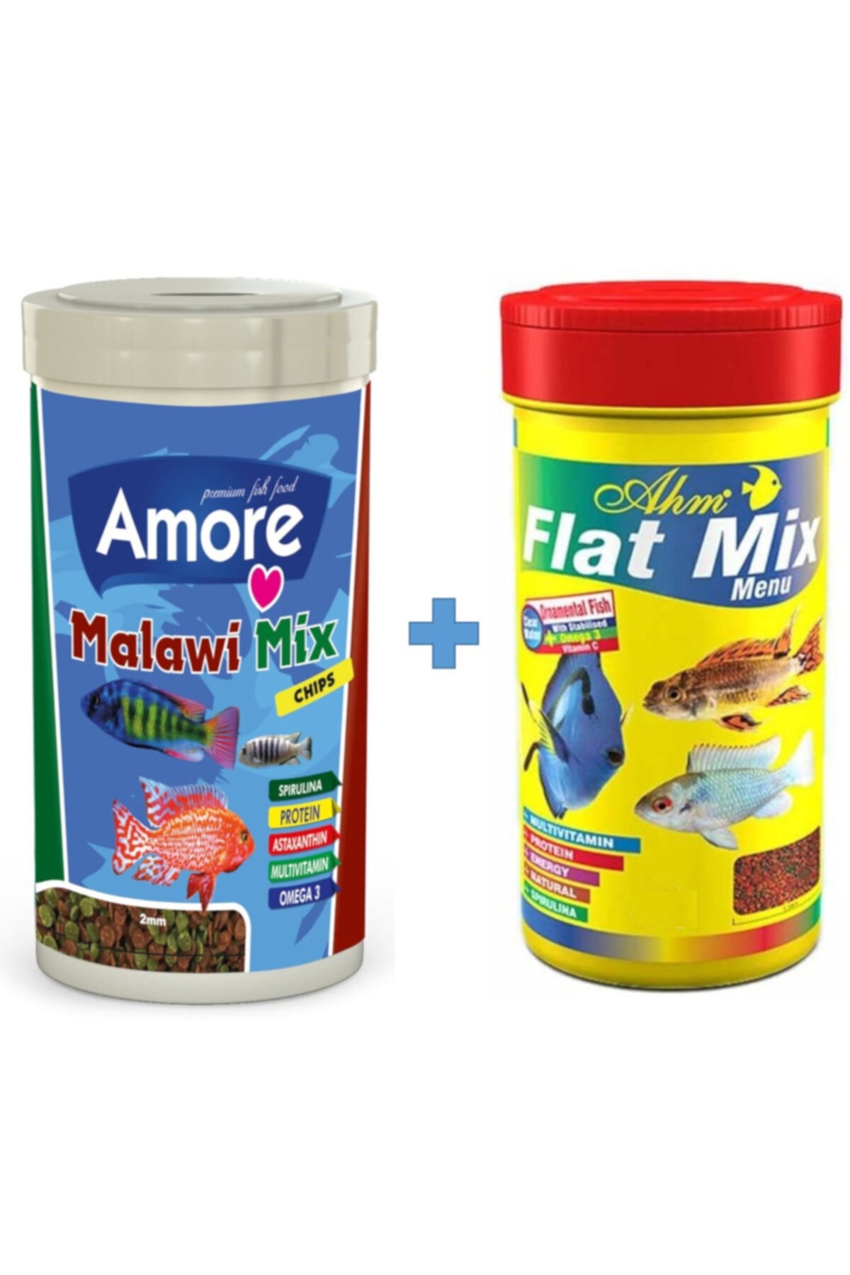 Amore Malawi Mix Chips 1000ml ve Ahm Flat Mix 1000ml Kutu Balık Yemi