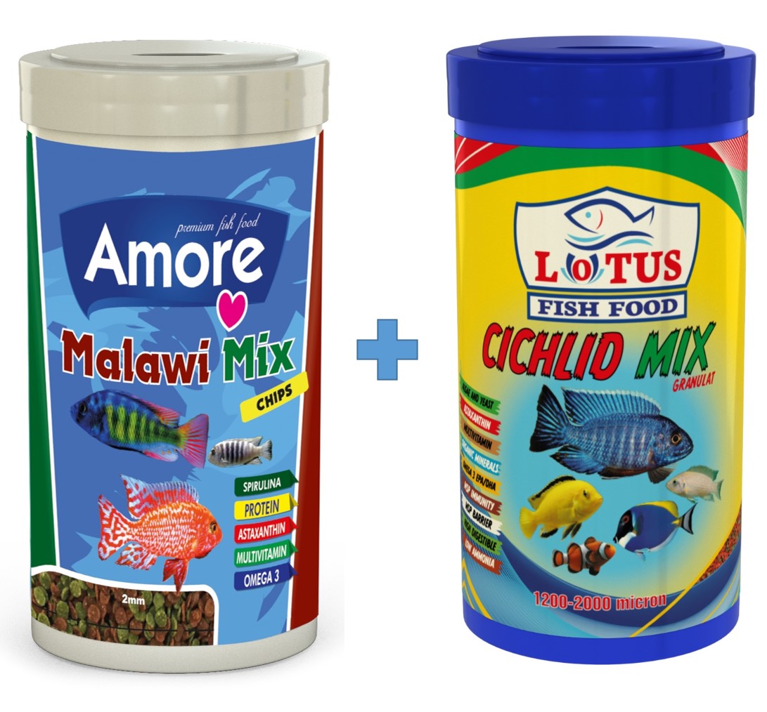 Malawi Mix Chips 1000ml ve Lotus Cichlid Mix 1000ml Kutu Balık Yemi fotograf