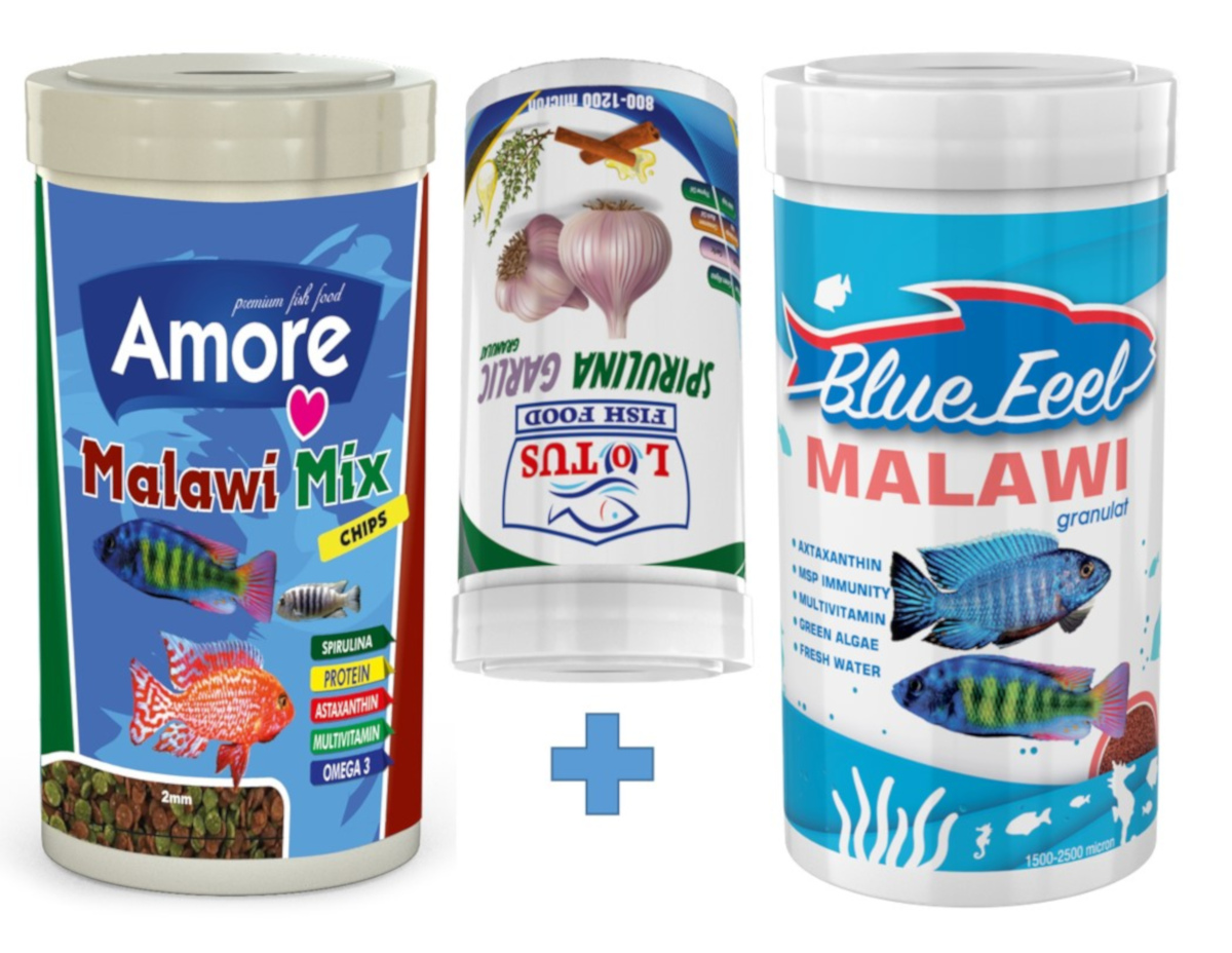 Malawi Mix Chips 250ml ve BlueFeel Malawi Granulat 250ml ve Lotus Spirulina Garlic 100ml Kutu fotograf