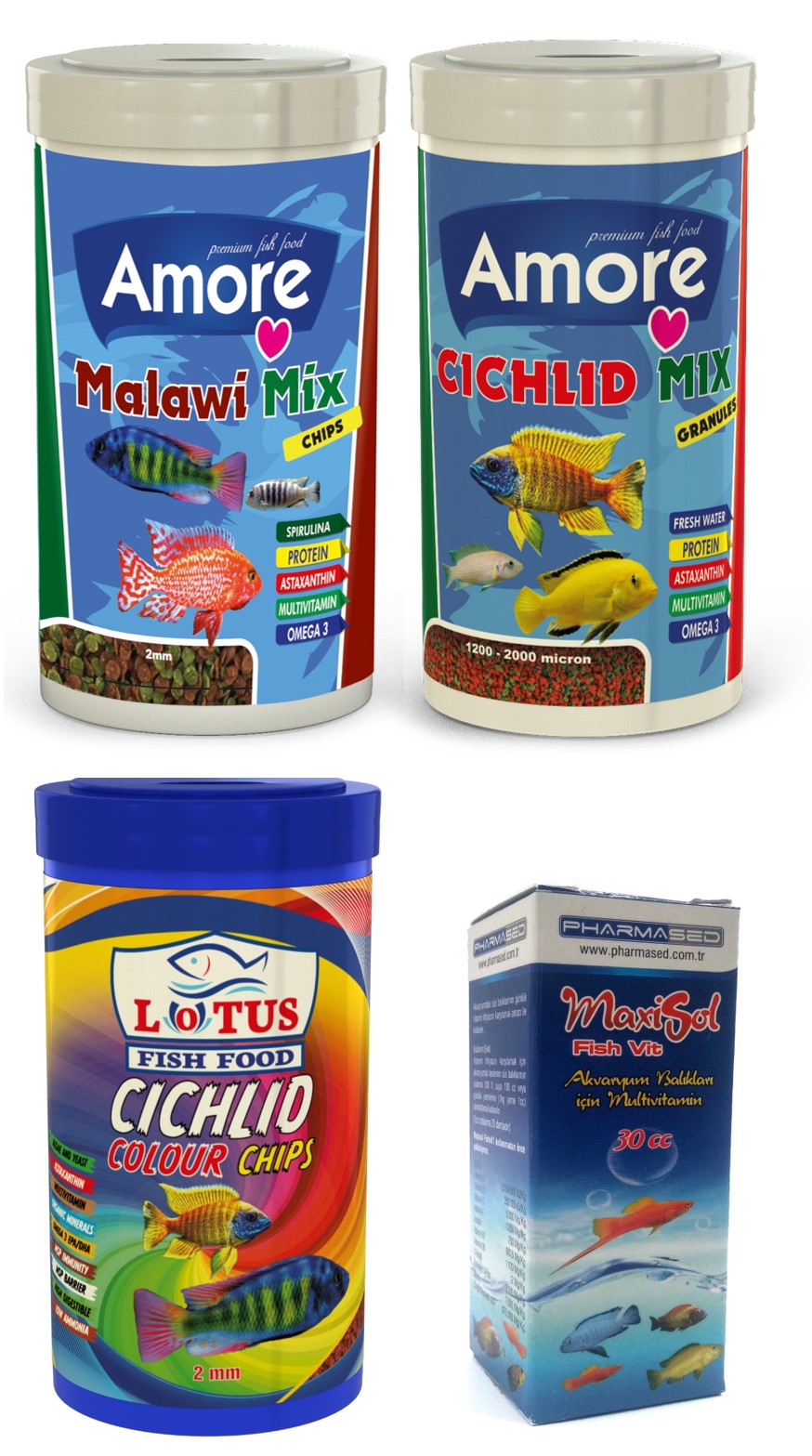 Malawi Mix, Cichlid Mix ve Lotus Colour 3x250ml Balık Yemi ve Vitamini fotograf