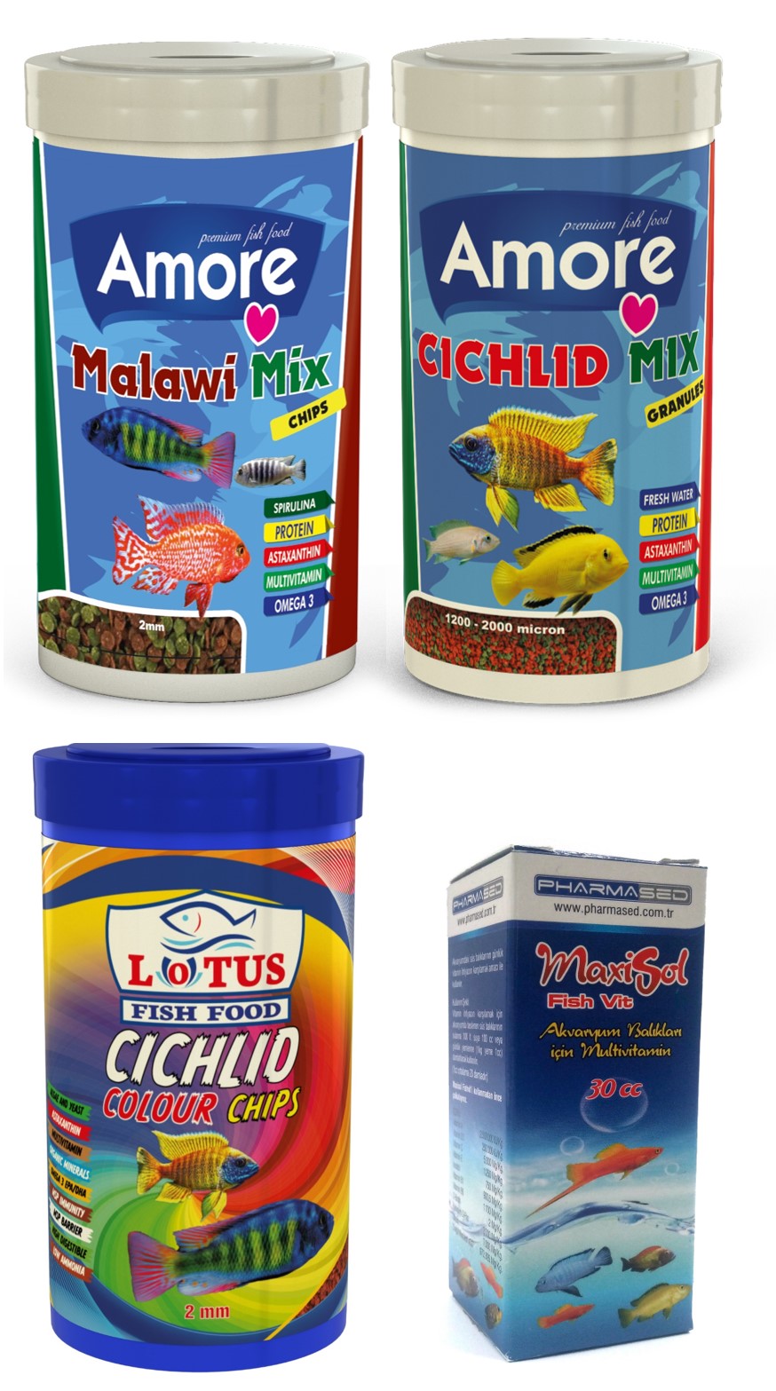 Amore Malawi Mix, Cichlid Mix ve Lotus Colour 3x250ml Balık Yemi ve Vitamini