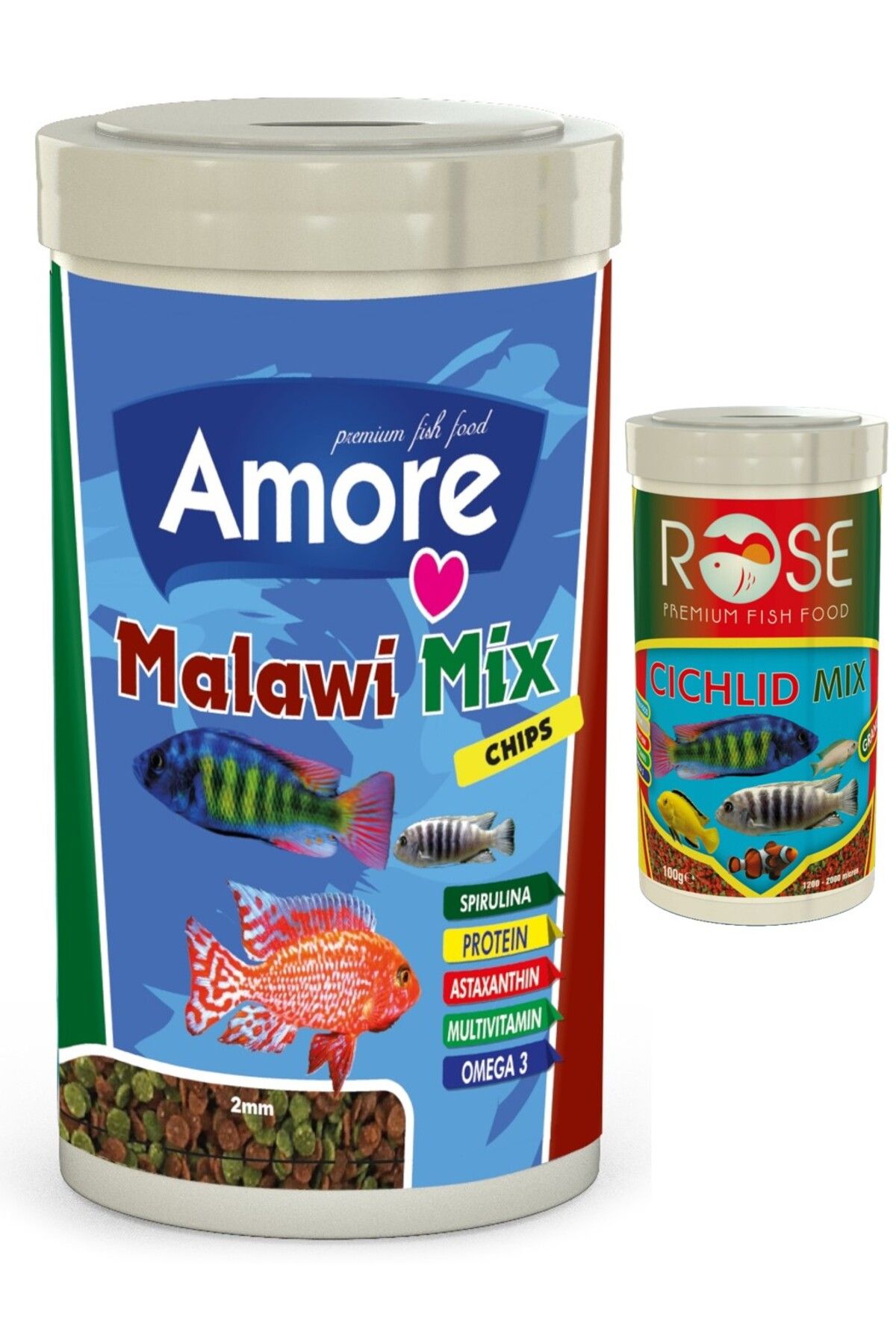 Malawi Mix Flat Chips 1000ml, Rose Cichlid Granül Mix 250ml Kutu Karışık Balık Yemi