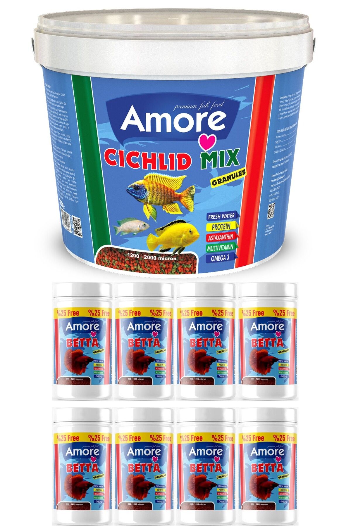 Malawi Ciklet Mix Granules Karışık 3kg Kova, Betta Granules 8 adet 125ml Kutu Beta Balık Yemi