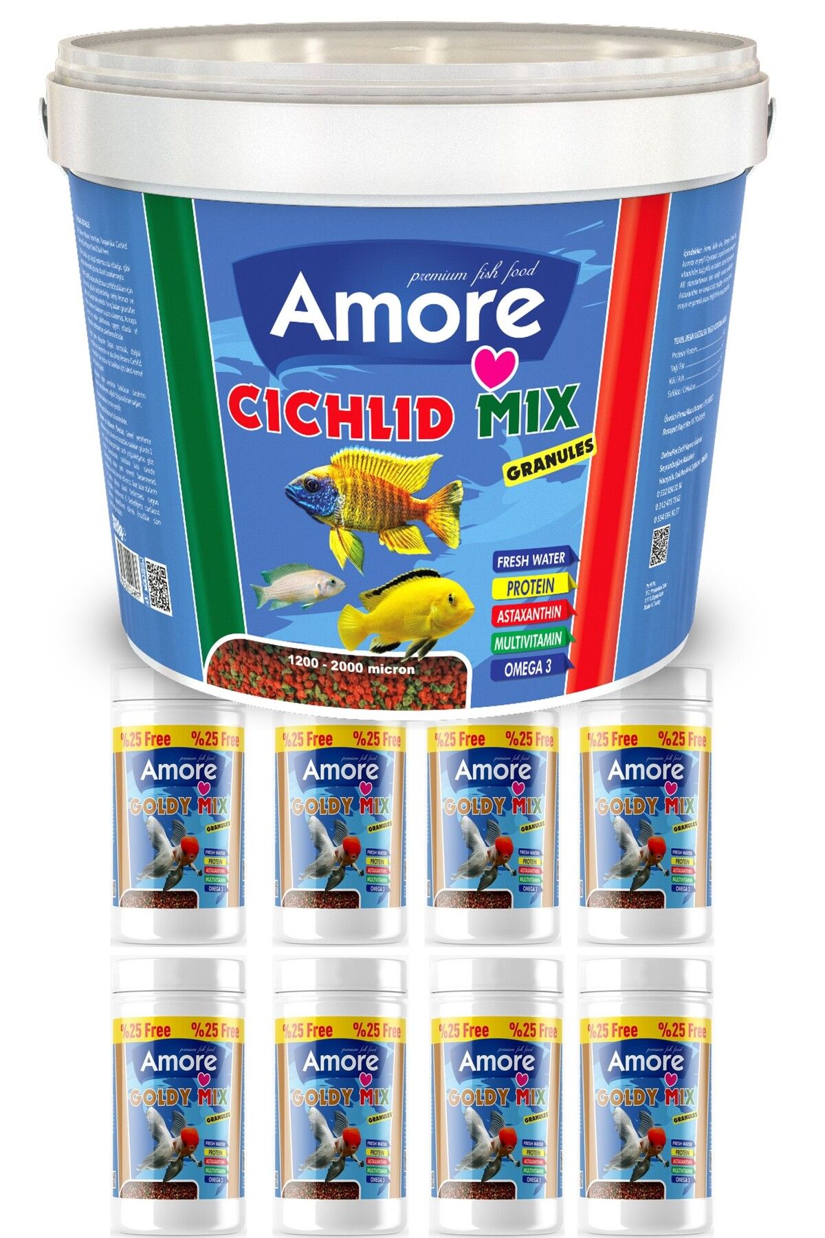Ciklet Mix Granules Karisik 3kg Kova, Goldy Mix Granules 8 adet 125ml Kutu Japon Baligi Yemi