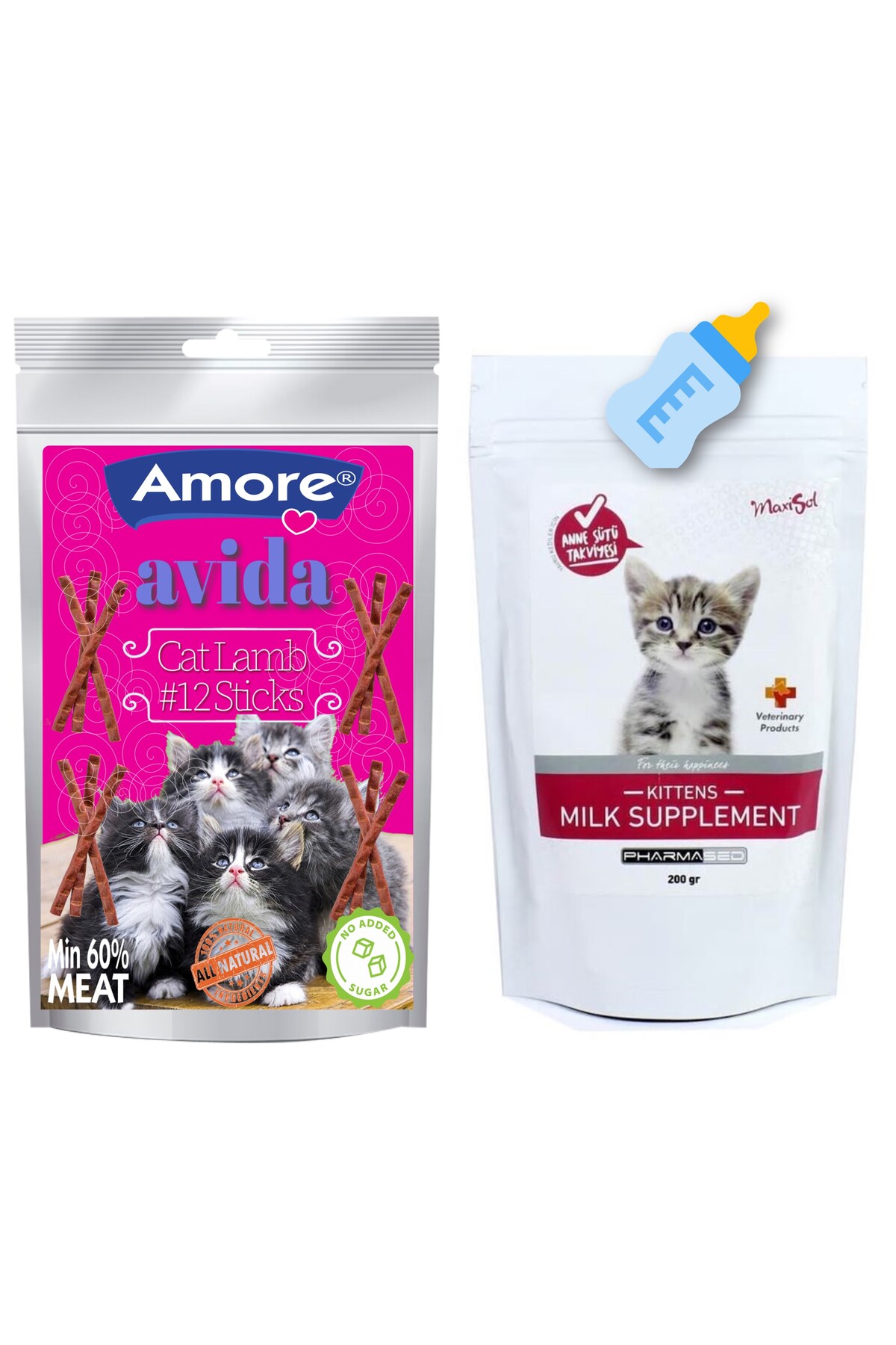 Maxisol Yavru Kedi Sut Tozu 200 gr, Avida Cat Lamb Sticks 12li Odul, Biberon