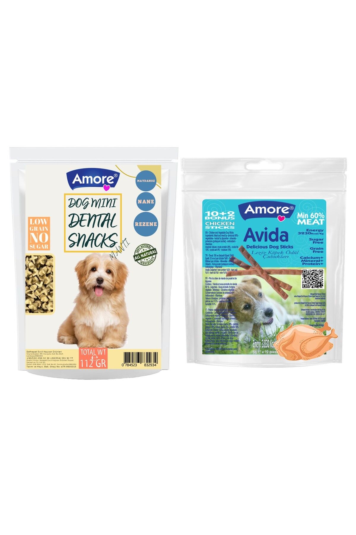 Amoredog Mini Dental 112g Atıştırmalık Köpek ödülü Ağız Kokusu Diş Sağlığı, 12li Tavuk Etli Stick
