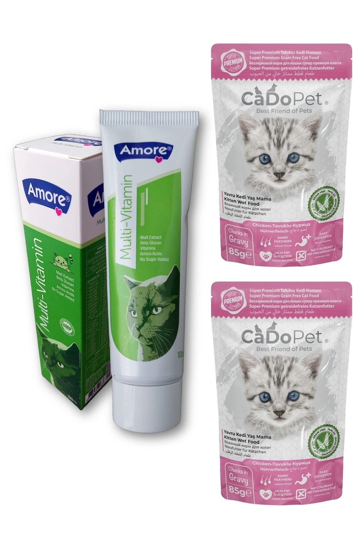Amorecat Multivitamin-taurin-biotin 100ml Kedi Maltı, Cadopet Kitten 2li Punch ıslak Mama