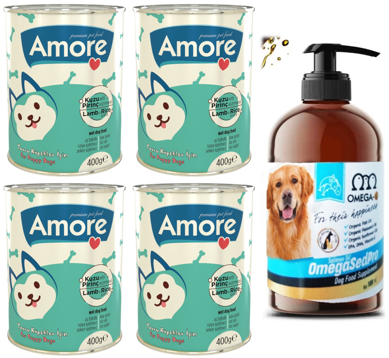 Amoredog Puppy Kuzu Etli Yavru Köpek Konservesi 4x400g Ve Omega Sed Pro Somon Balık Yağı 100ml