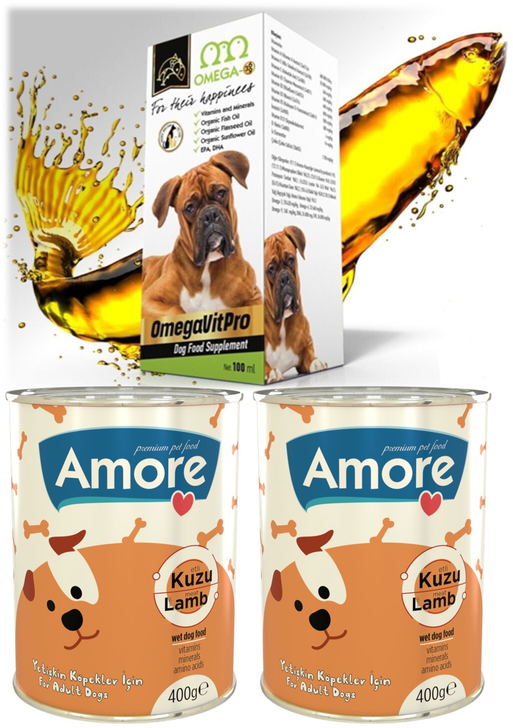 Amoredog Doglamb Kuzu Parça Etli Köpek Konservesi 2x400g Ve Omegavitpro Somon Balık Yağı 100ml