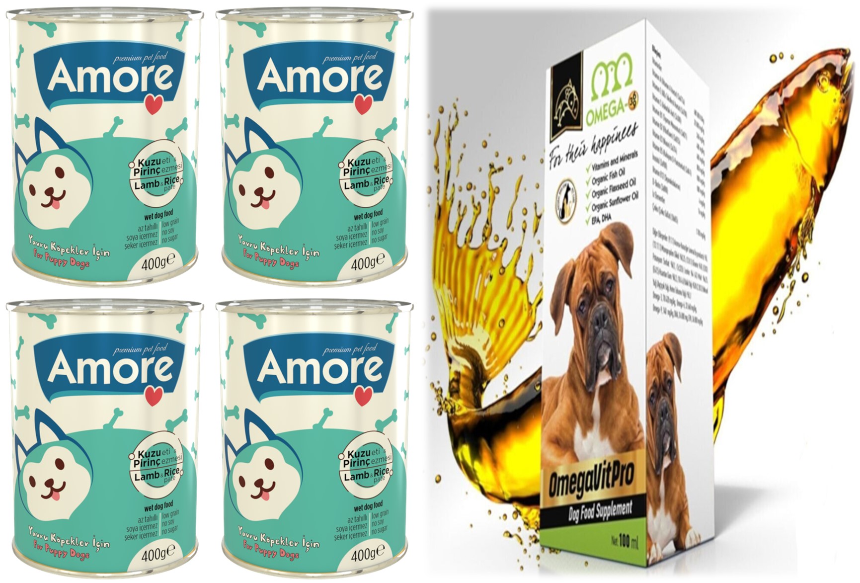 Amore OmegaVitPro Somon Balık Yağı 100ml + Amore Puppy Kuzu Etli Yavru Köpek Konservesi 4x400g