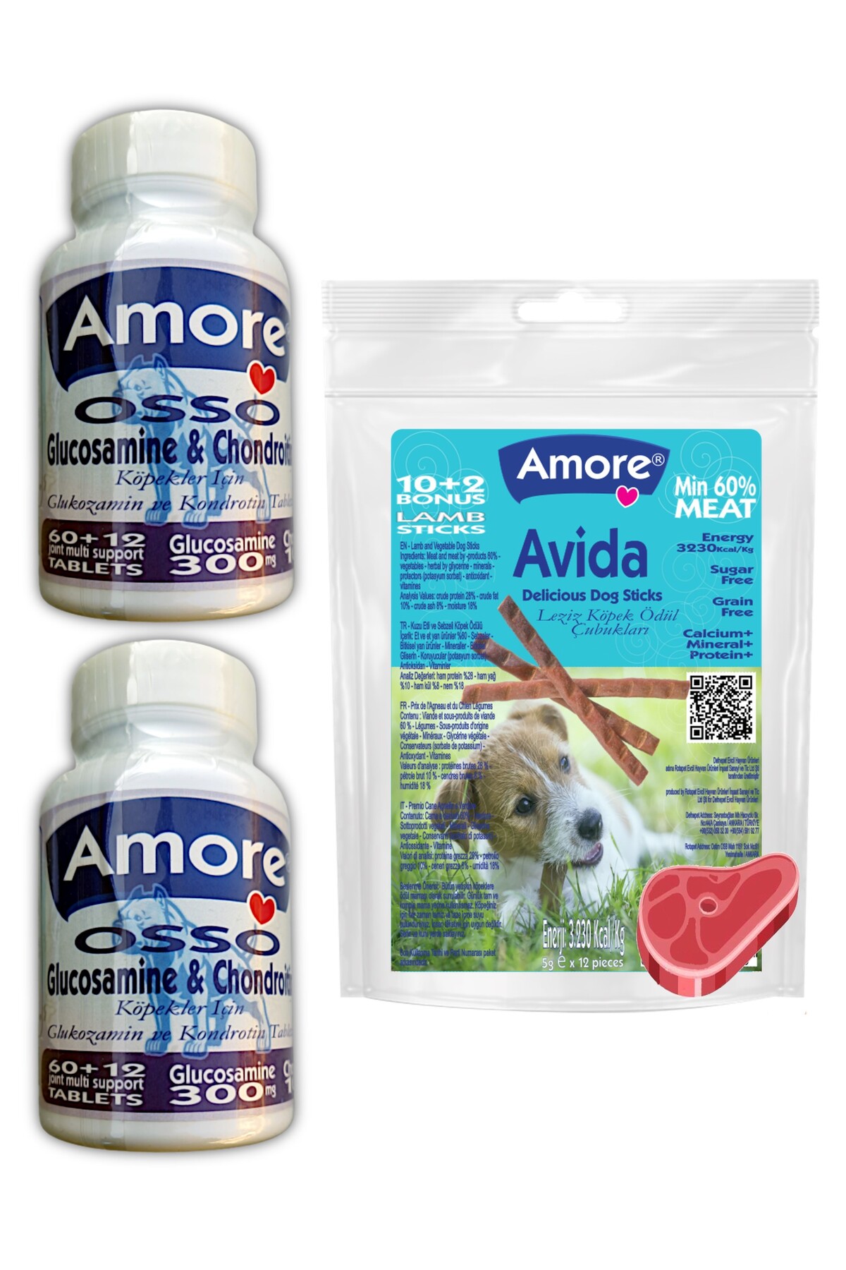 Amoredog Osso Glukozamin 2x72li Ve 12li Stick, Kopek Eklem Destegi Tableti, Avida Dog Lamb Sticks Odul Mamasi