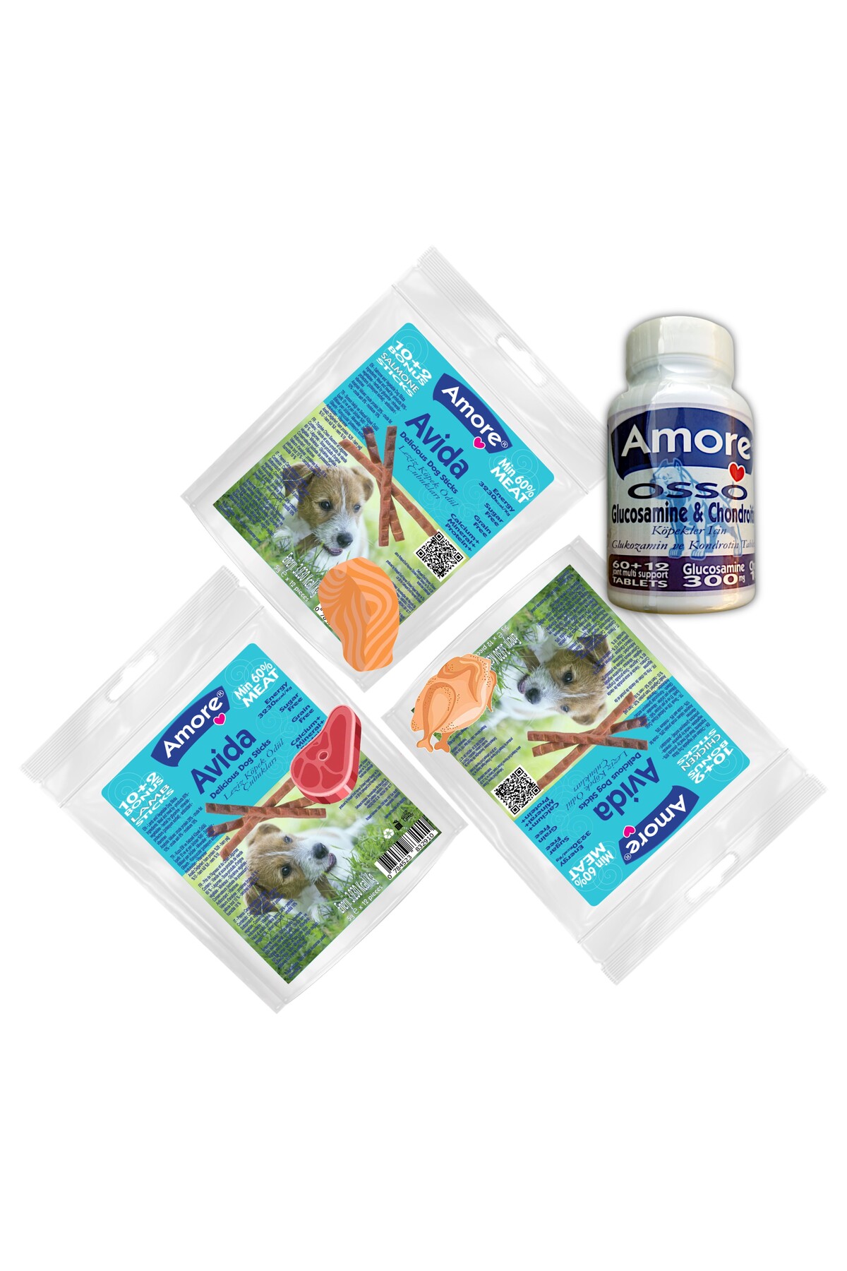 Amore Osso Glukozamin 72li Kopek Tableti, Avida Trio-Mix 3 adet 12li Dog Sticks Odul Mamasi