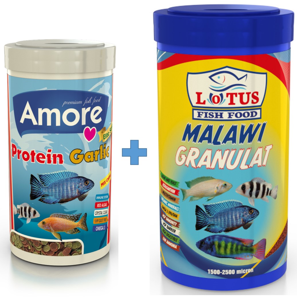 Protein Garlic 250ml ve Malawi Granulat 1L Ciklet Balık Yemi