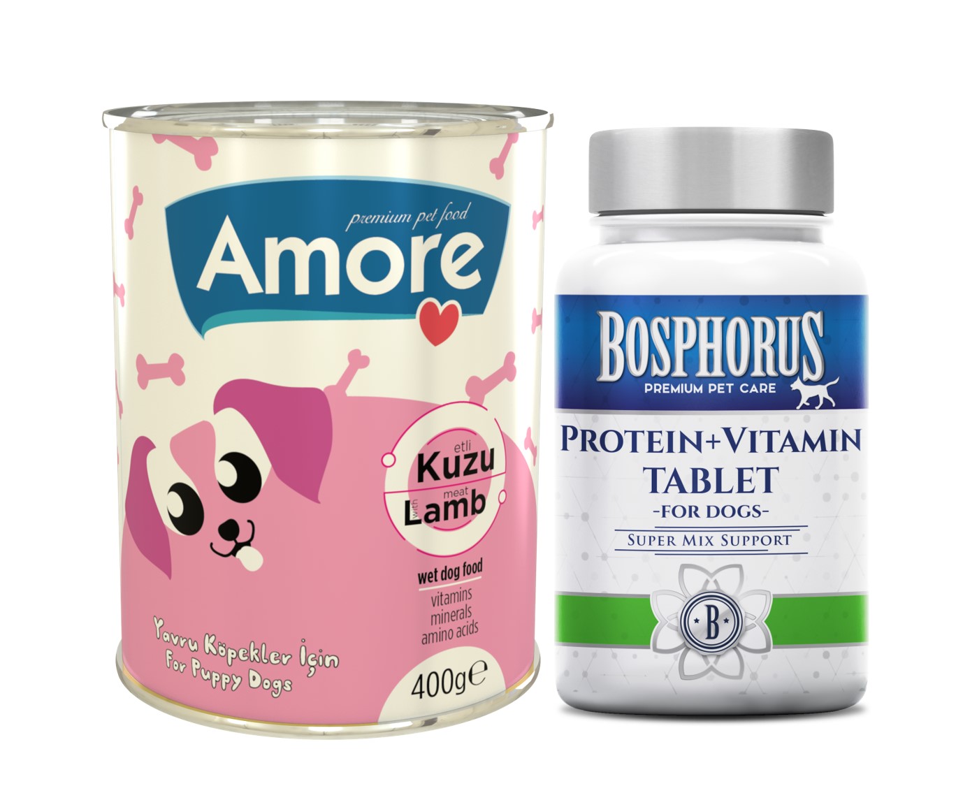 Amore Puppy Chunks Kuzu Parça Etli Konserve Mama 5x400gr + Bosphorus Köpek Protein Vitamin 60 Tablet