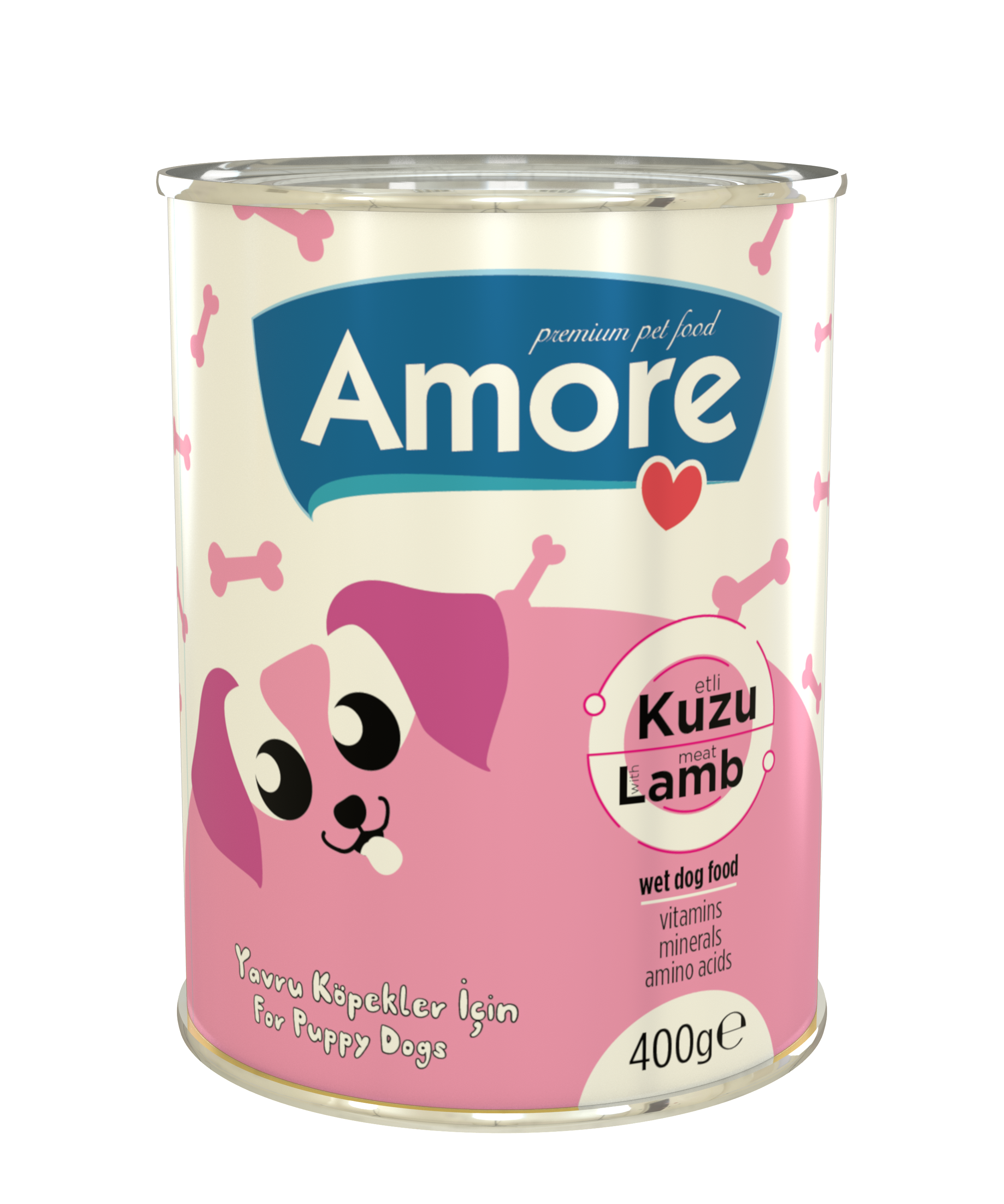Amore Puppy Chunks Kuzu Parça Etli Köpek Konservesi 5x400g + Smart Siyah Boyun Tasması 38 - 45cm