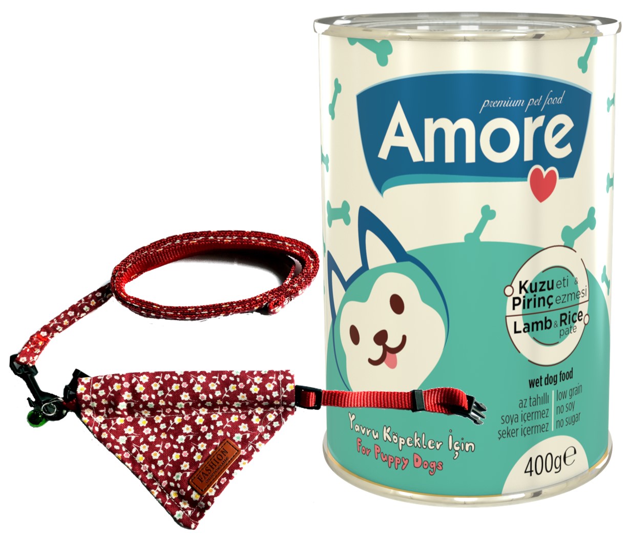 Amore Puppy Kuzu Etli Yavru Köpek Konservesi 24x400g ve Kırmızı Fashion Fularlı Boyun ve Gezdirme Tasması Medium