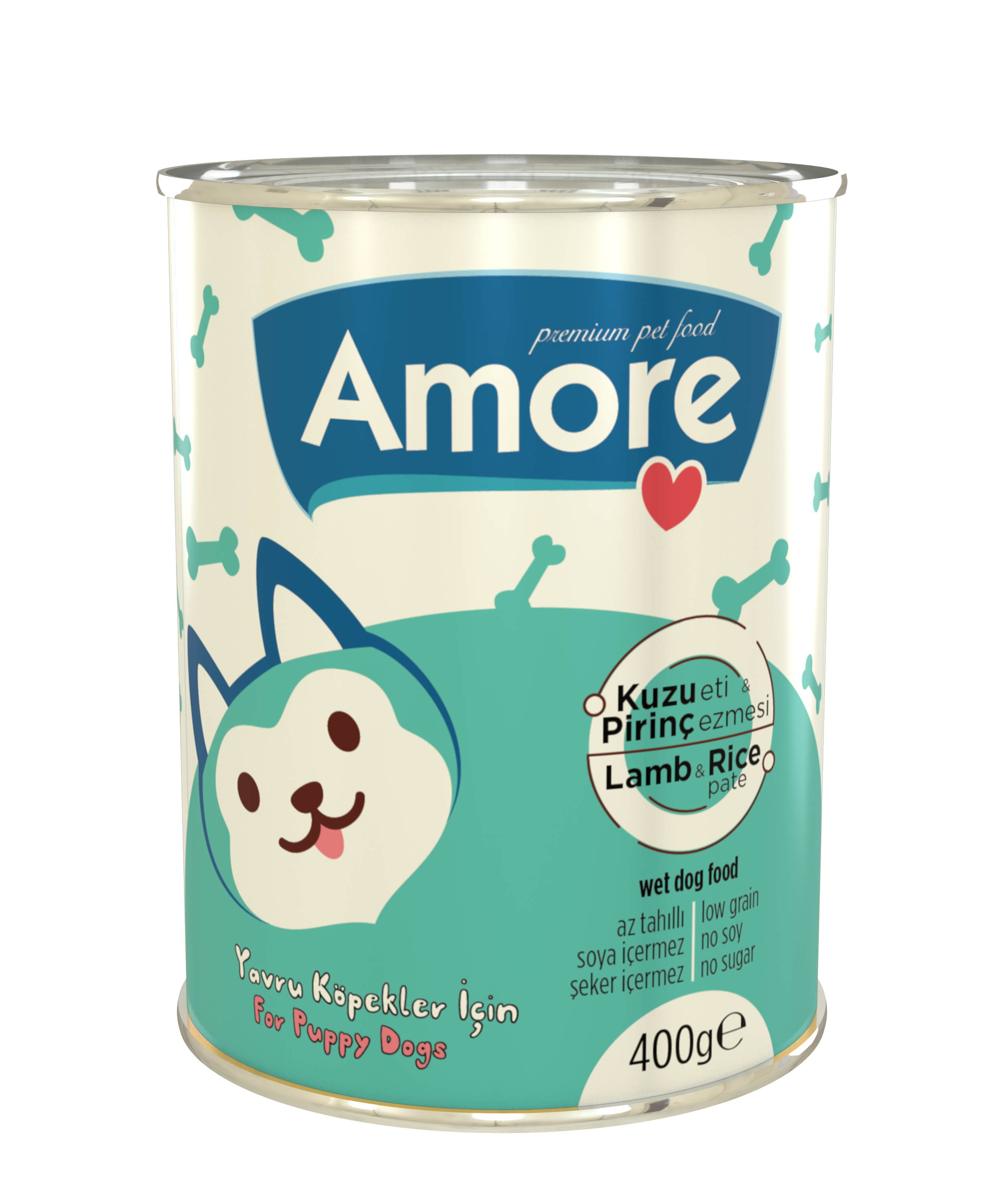 Amore Puppy Kuzu Etli Yavru Köpek Konservesi 24x400g ve Kırmızı Fashion Fularlı Boyun ve Gezdirme Tasması Medium