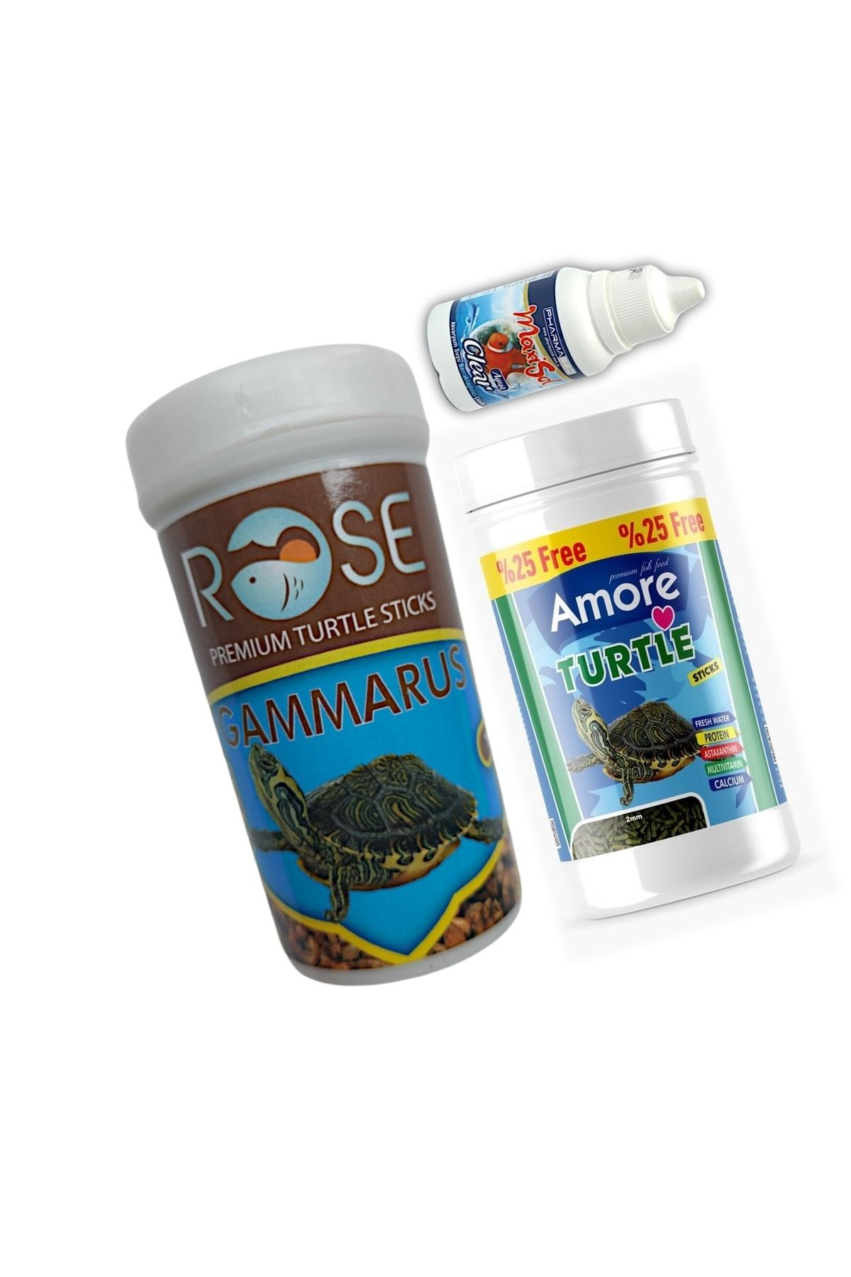 Amore Rose Gammarus 250 Ml, Amore Turtle Sticks 125 Ml Surungen Su Kaplumbagasi Yemi Ve Clear Berraklastirici