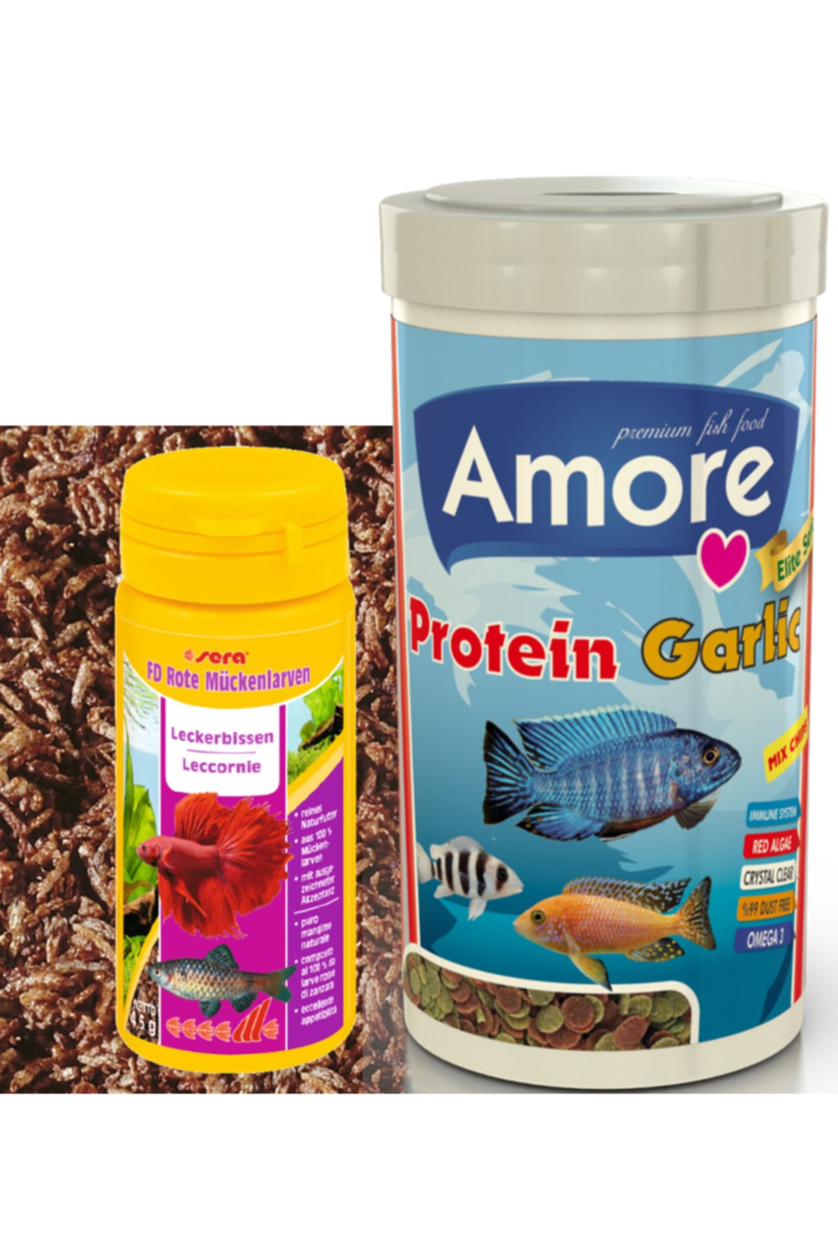 Amore Sera Fd Rote Muckenlarven Kan Kurdu 50ml Kutu + Elite Protein Red Algae Garlic Pro Chips 250 Ml Kutu