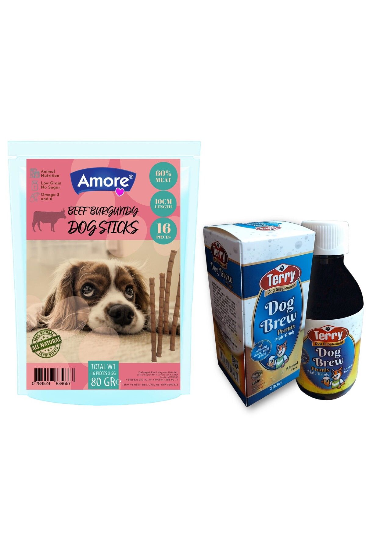 Amoredog Sığır Etli 16lı Köpek ödül çubuğu Beef-meat, 200ml Terry Malt Içeceği