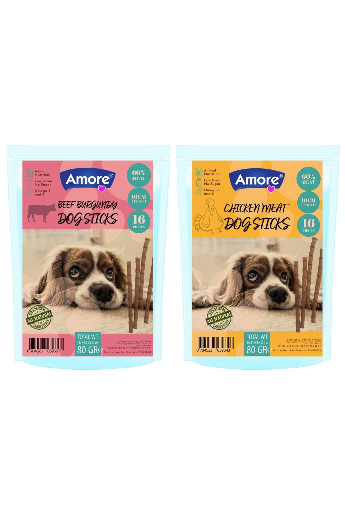 Amoredog Sığır Etli 16lı, Tavuk Etli 16lı Köpek ödül çubuğu (16+16 Sticks)