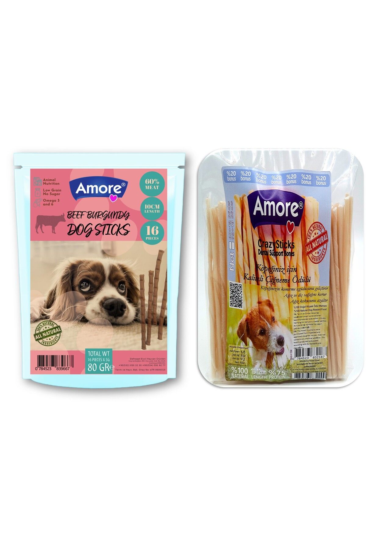 Amoredog Sığır Etli Sebzeli 16lı Köpek ödül çubuğu Beef-meat Dog Sticks, 72li Burgu Köpek ödülü Crazy-sticks