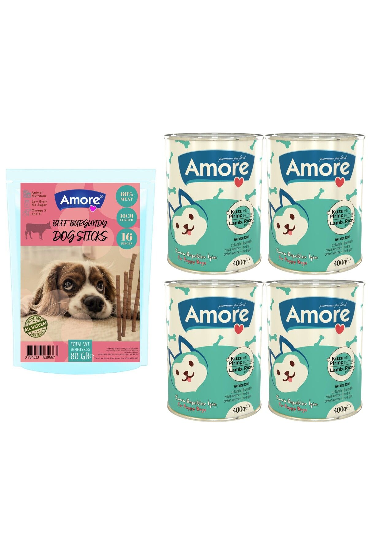 Amoredog Sığır Etli Sebzeli 16lı ödül çubuğu Beef-meat Dog Sticks, 4lü Yavru Köpek Konservesi