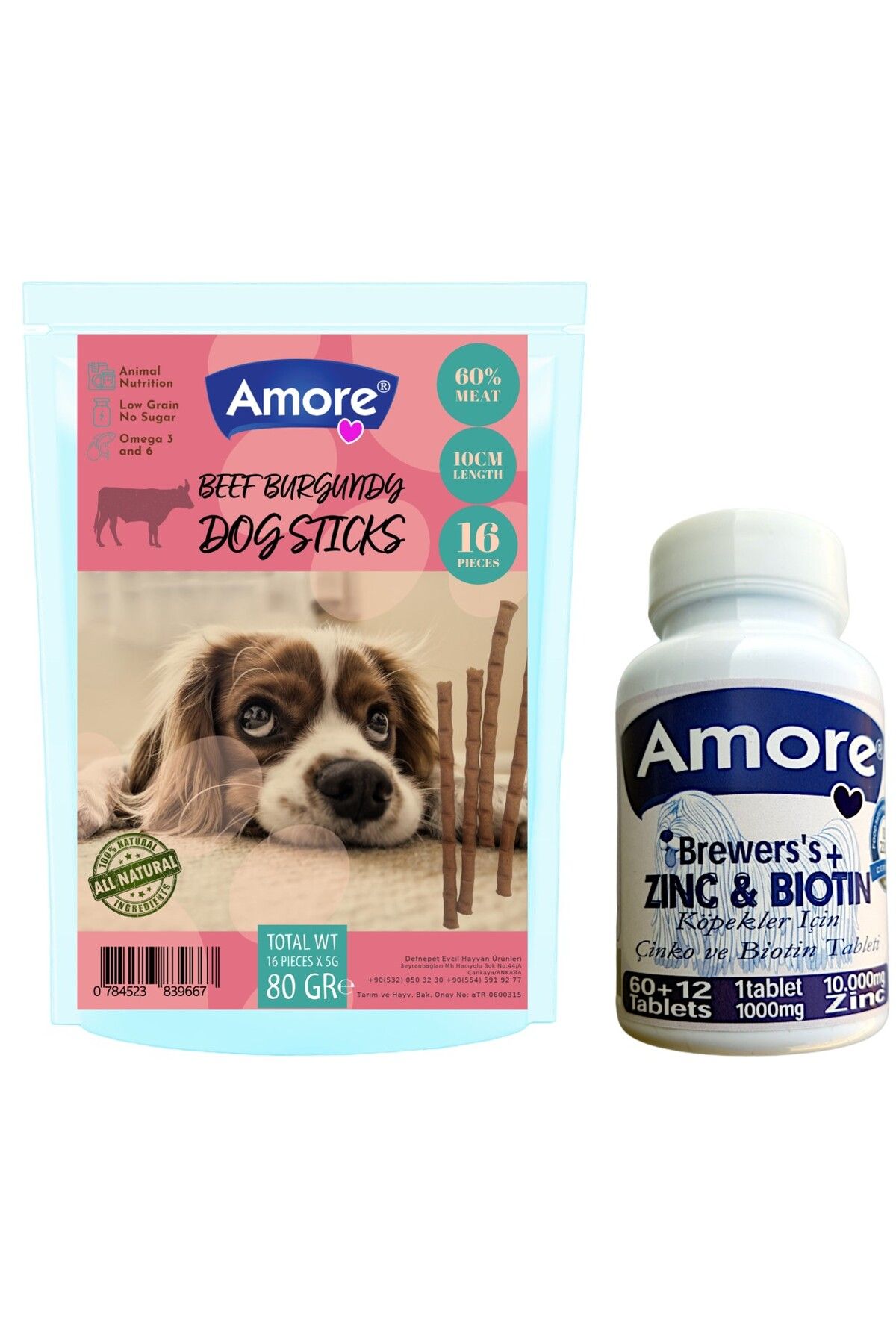 Amoredog Sığır Etli Sebzeli 16lı ödül çubuğu Dog Sticks, 72li Tüy Döküm Tableti çinko Biyotin