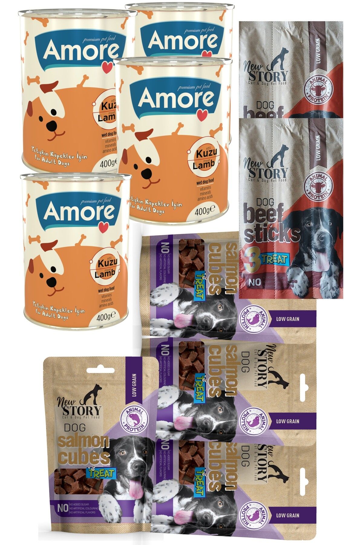 New Story Somon Etli Küp şekilli 4x80gr Yumuşacık Köpek ödül Maması, 2-sticks, 4-konserve